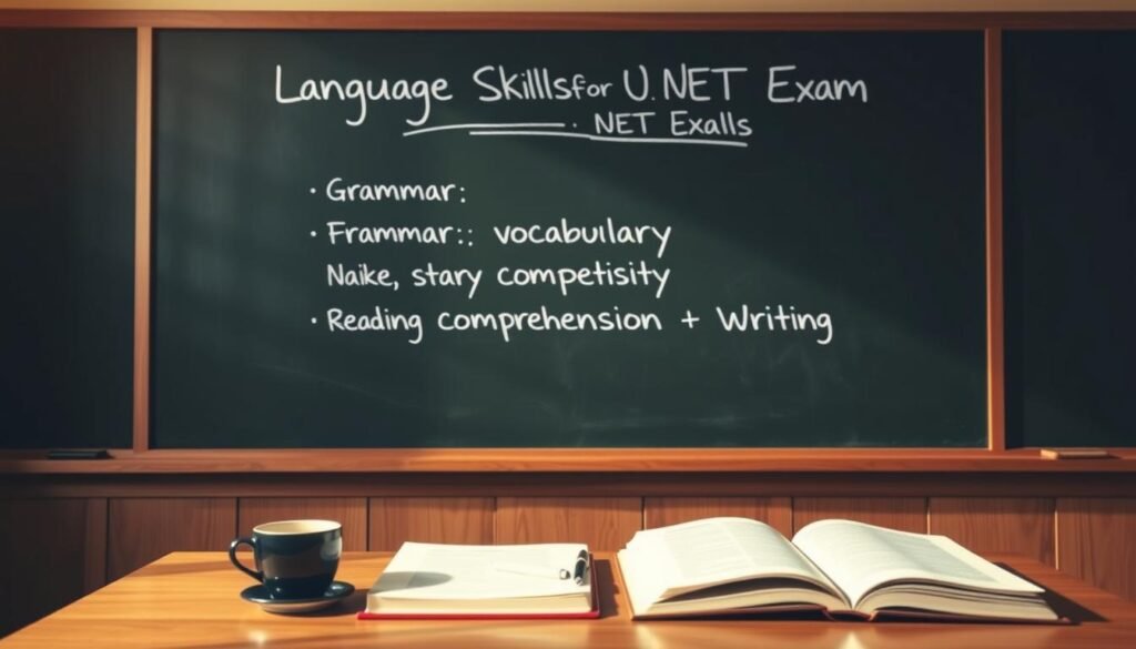 A well-lit classroom setting with a large blackboard taking up the background. On the blackboard, a neatly organized list of "Language Skills for UGC NET Exam" written in white chalk, including grammar, vocabulary, reading comprehension, and writing skills. In the foreground, a wooden desk with an open textbook, a pen, and a cup of coffee, conveying a focused and studious atmosphere. The lighting is warm and natural, casting subtle shadows that add depth and dimension to the scene. The overall mood is one of academic diligence and preparation for the UGC NET exam.
