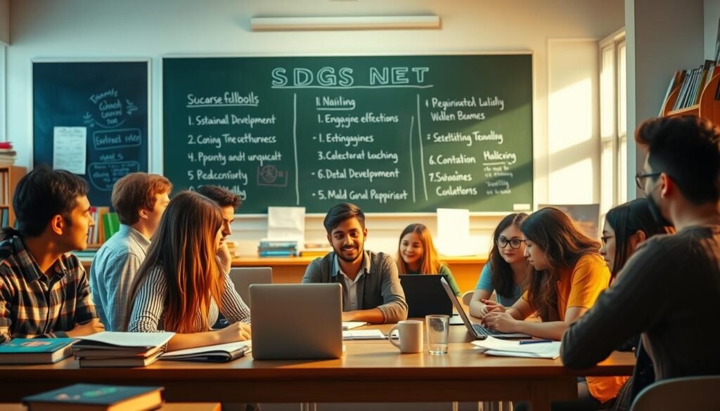A well-lit classroom setting, with a large chalkboard displaying the Sustainable Development Goals (SDGs) against a backdrop of textbooks, laptops, and educational materials. In the foreground, a group of students engaged in a lively discussion, their faces animated as they explore the connections between their UGC NET preparation and the broader goals of sustainable development. The lighting is warm and inviting, creating a sense of intellectual curiosity and collaborative learning. The composition is balanced, with the SDGs prominently featured to convey the importance of integrating these global objectives into educational pursuits. The overall atmosphere is one of diligence, discovery, and a commitment to shaping a more sustainable future through academic endeavors.