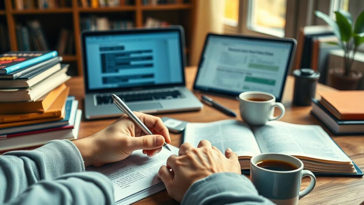 A well-lit, dynamic composition showcasing a stack of books, notepads, and a cup of coffee on a wooden desk. In the foreground, a person's hands are engaged in active note-taking, symbolizing the act of preparing for the UGC NET Communication Skills exam. The middle ground features a laptop displaying relevant study materials, while the background subtly implies a cozy, focused work environment, perhaps with a bookshelf or window providing a sense of depth. The overall mood is one of diligent preparation, with a warm, inviting atmosphere to encourage productive study.