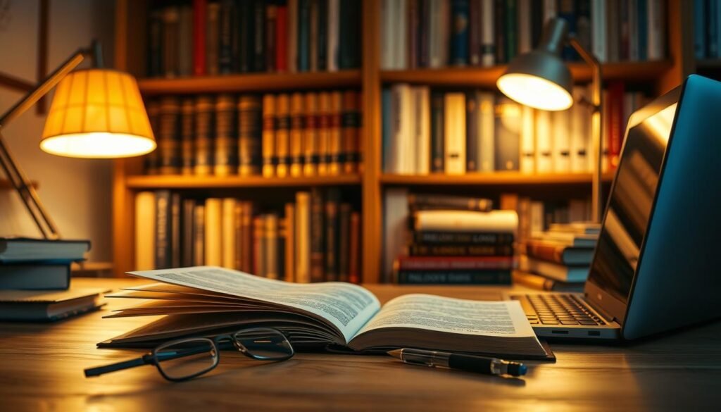 A well-lit study desk with an open book on philosophy, a laptop, and a stack of exam preparation materials. In the foreground, a pair of reading glasses and a pen rest on the desk, creating a sense of focused study. The background features a bookshelf filled with volumes on logic, philosophy, and exam preparation guides, conveying a scholarly atmosphere. Warm lighting from a desk lamp casts a soft glow, suggesting a cozy, contemplative mood ideal for strategic UGC NET philosophy question preparation.