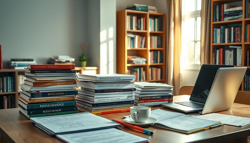 A well-organized study area with a table covered in neatly stacked UGC NET textbooks, papers, and notebooks. Sunlight streams in through a nearby window, casting a warm glow over the scene. A laptop, highlighters, and a cup of coffee sit alongside the study materials, creating a productive and focused atmosphere. In the background, a bookshelf filled with more educational resources adds a sense of scholarly ambiance. The image conveys the successful implementation of a structured, research-driven approach to UGC NET preparation.