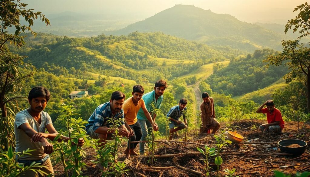 Prompt A lush, verdant landscape in India, with rolling hills and dense forests in the background. In the foreground, a group of dedicated environmental activists from a local NGO, working tirelessly to protect the natural habitats. They are planting saplings, clearing debris, and educating the local community on sustainable practices. The scene is bathed in warm, golden sunlight, conveying a sense of hope and determination. The activists' expressions are focused and resolute, highlighting their commitment to their cause. The overall atmosphere is one of environmental stewardship and community engagement, reflecting the crucial role of NGOs in safeguarding India's precious ecosystems.
