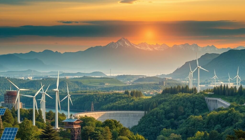 A breathtaking, large-scale panoramic scene depicting the future of climate action goals. In the foreground, a diverse array of renewable energy sources such as wind turbines, solar panels, and hydroelectric dams stand tall, symbolizing humanity's commitment to clean, sustainable power. The middle ground is dotted with lush, thriving forests and green landscapes, representing the restoration of natural ecosystems. In the distant background, towering, snow-capped mountains rise, their peaks touched by the warm, golden light of a setting sun, conveying a sense of hope and optimism for a greener, more resilient future. The scene is captured with a wide-angle lens, highlighting the grand scale and interconnectedness of these climate action efforts. An atmosphere of determination, innovation, and environmental harmony permeates the image.