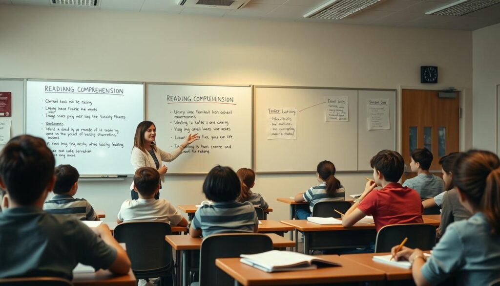 A classroom setting with a teacher and students engaged in a reading comprehension lesson. The teacher stands at the front of the class, gesturing towards a whiteboard displaying strategies and techniques for effective reading. Students sit at desks, intently focused, notebooks and pencils in hand, absorbing the lesson. Soft, warm lighting illuminates the scene, creating an atmosphere of quiet concentration and intellectual discovery. The overall composition conveys the importance of developing strong reading comprehension skills.