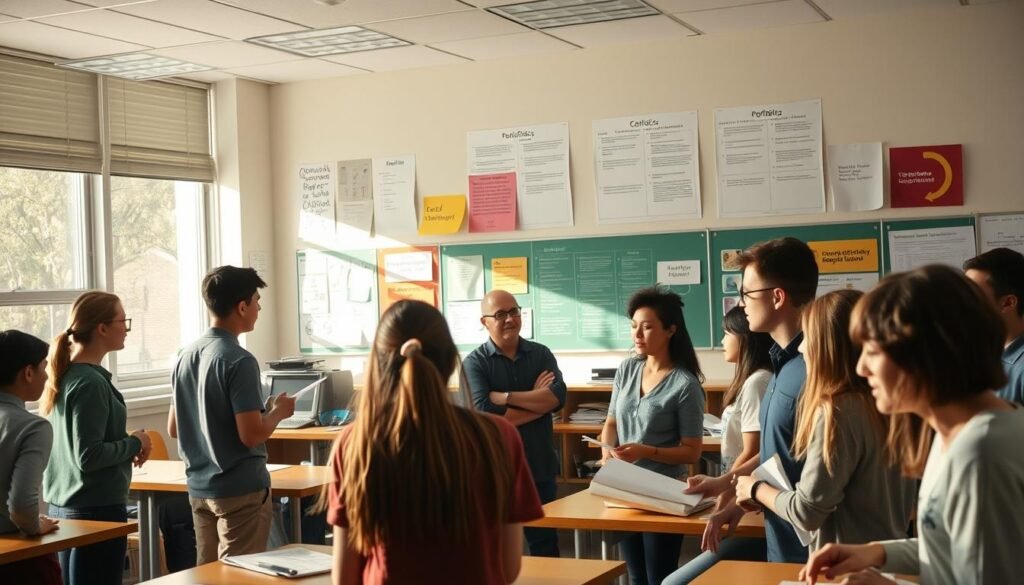 A classroom setting with natural lighting illuminating a group of students and instructors engaged in dynamic, collaborative activities. In the foreground, students present their projects, demonstrating their understanding and critical thinking. In the middle ground, instructors observe and provide constructive feedback, fostering an environment of interactive learning. The background showcases various assessment tools, including rubrics, portfolios, and hands-on demonstrations, reflecting the diverse strategies employed to evaluate student progress and support their growth. The overall atmosphere conveys a sense of authentic, learner-centered assessment practices that seamlessly integrate with the teaching and learning process.
