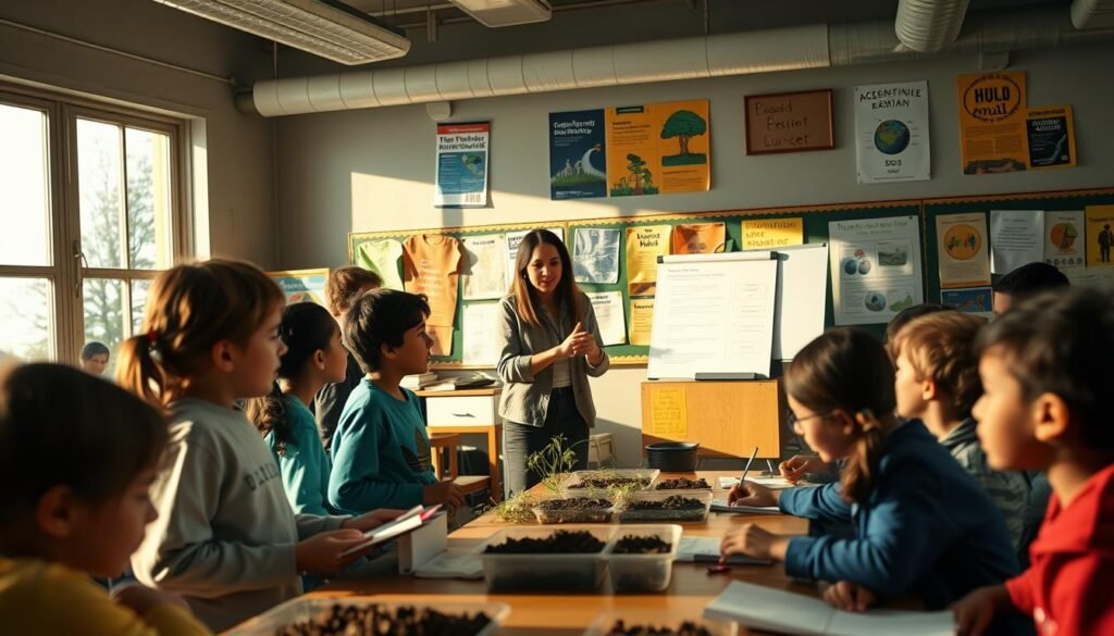 A classroom setting with students of diverse backgrounds engaged in hands-on environmental activities. In the foreground, a group of children observing soil samples and taking notes, illuminated by warm natural lighting through large windows. In the middle ground, a teacher gesturing animatedly while explaining a concept using a flip chart. In the background, posters and displays about environmental issues, with a sense of uneasiness and uncertainty conveying the challenges of environmental education.