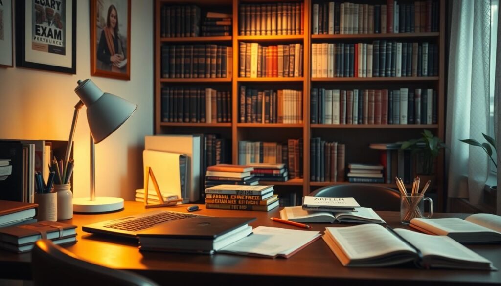 A cozy study area with a desk, laptop, and various learning materials like books, notepads, and stationery. The lighting is warm and inviting, creating a peaceful atmosphere conducive to focused study. In the background, a bookshelf filled with volumes on exam preparation and academic resources. The overall scene conveys a sense of diligence, concentration, and the pursuit of knowledge, reflecting the "Resources for Doubt Clearance" section of the article.