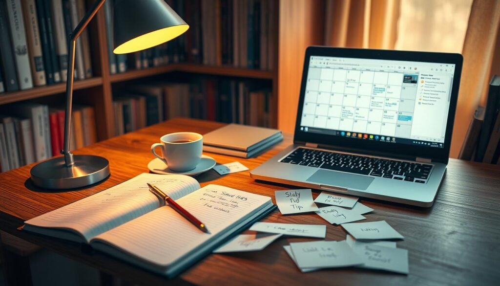 A cozy study nook, warm lighting from a table lamp illuminating a wooden desk. On the desk, an open notebook, a cup of coffee, and scattered notecards with handwritten study tips. Alongside, a laptop displaying a calendar and to-do list, representing effective time management strategies. In the background, bookshelves filled with reference materials, subtly hinting at the academic focus. The overall scene conveys a sense of organization, productivity, and a student's dedication to exam preparation.