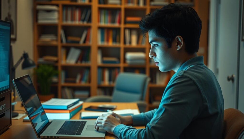 A cozy study nook with a desk, chair, and bookshelves in the background. On the desk, various study materials are neatly arranged, including textbooks, notebooks, pens, and a laptop. The lighting is warm and soft, creating a relaxing atmosphere. In the foreground, a person is intently focused on a UGC NET study guide, their face illuminated by the screen's glow. The overall scene conveys a sense of diligence and determination, reflecting the effective study strategies for the computer-based UGC NET exam.