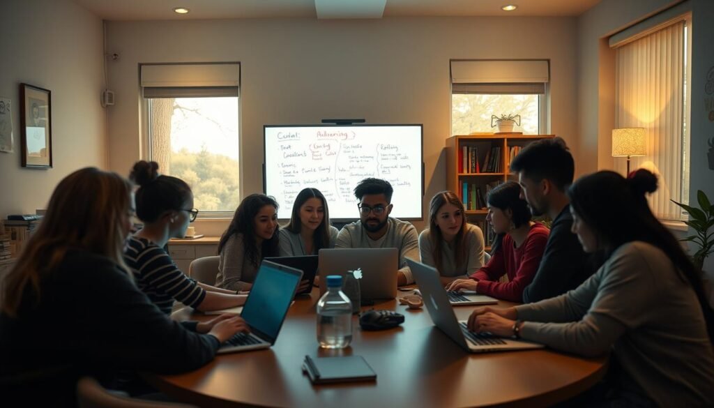 A cozy, well-lit online classroom setting, with a group of diverse students engaged in a dynamic discussion. The foreground features several participants gathered around a circular table, their faces illuminated by the glow of their laptop screens. The middle ground showcases a virtual whiteboard filled with collaborative notes and ideas. In the background, a bookshelf and a window overlooking a serene outdoor scene, creating a sense of depth and tranquility. Soft, diffused lighting casts a warm, inviting atmosphere, while the camera angle captures the collaborative energy and camaraderie of the online community.