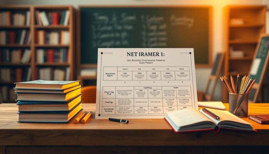 A detailed blueprint of the UGC NET Paper 1 exam pattern displayed on a wooden desk, illuminated by warm, directional lighting. In the foreground, a stack of books and stationery items create a studious atmosphere. In the middle ground, a clean, minimalist infographic showcases the exam structure, question types, and scoring system. The background features a blurred, academic setting with bookshelves and a chalkboard, conveying the educational context. The overall composition is visually balanced, with a focus on clarity and informative presentation to assist candidates in understanding the exam requirements.