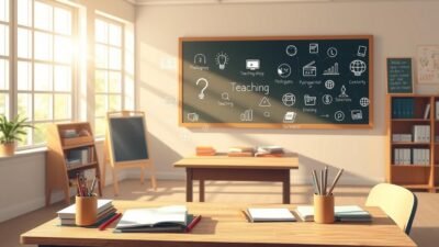 A detailed illustration of "UGC NET Paper 1 Teaching Aptitude", showcasing key concepts and applications. A soft, pastel-toned scene with a warm, earthy palette. In the foreground, a teacher's desk adorned with educational books, stationery, and a chalkboard displaying teaching strategies. Behind it, a bright, airy classroom with large windows allowing natural light to pour in, creating a serene, contemplative atmosphere. In the middle ground, abstract representations of teaching methodologies, pedagogical theories, and assessment techniques float amidst the rays of light. The background features a stylized depiction of the UGC NET exam syllabus, with icons and symbols hinting at the multifaceted nature of the teaching aptitude section. Rendered with a muted, dreamlike quality to evoke the thoughtful, academic nature of the subject.