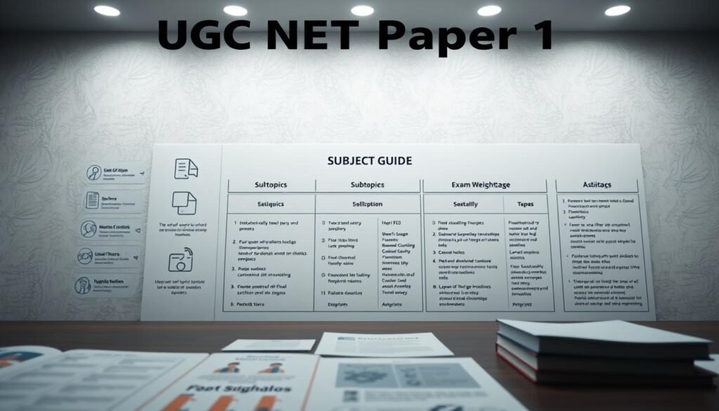 A detailed, neatly organized study guide depicting the UGC NET Paper 1 syllabus breakdown. In the foreground, crisp iconography and infographic elements clearly illustrate the key subject areas. In the middle ground, a clean, minimalist layout highlights the subtopics and exam weightage. The background features a soft, muted academic palette with a subtle texture, creating a professional, authoritative feel. Balanced lighting casts an even glow, while a slightly elevated camera angle gives a sense of comprehensive overview. The overall composition conveys a sense of clarity, organization, and utility for effective exam preparation.