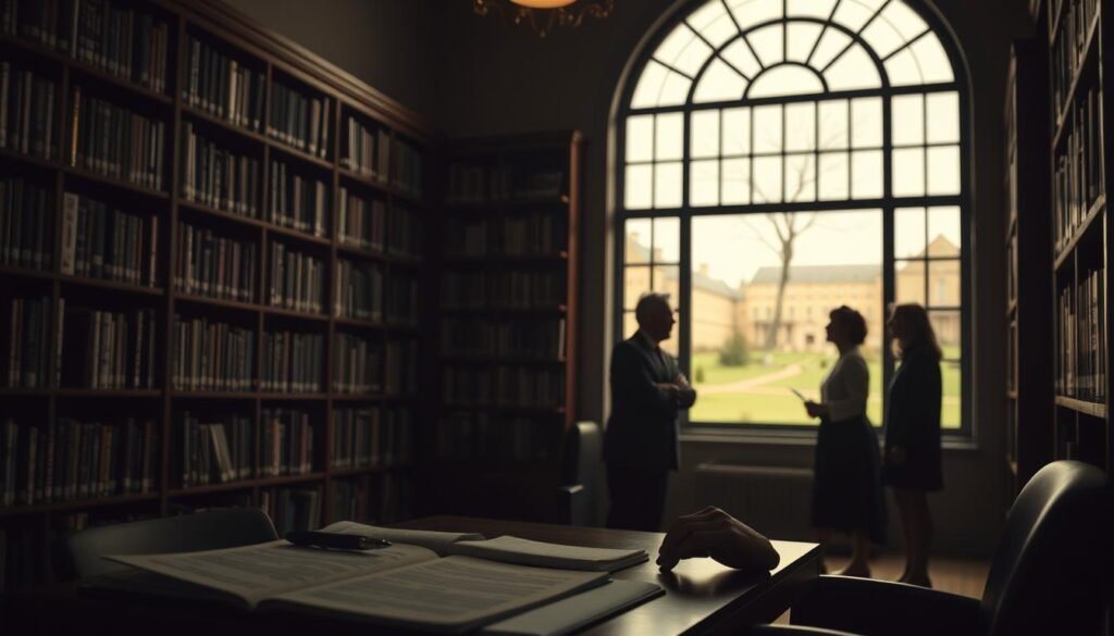 A dimly lit academic library, bookshelves lining the walls, casting soft shadows. In the foreground, a desk with an open notebook, a pen, and a contemplative researcher studying documents. The middle ground features a group of scholars engaged in animated discussion, exploring the ethical implications of their work. In the background, a large window overlooking a tranquil university campus, symbolizing the intersection of intellectual pursuit and moral responsibility. Muted tones, warm lighting, and a sense of quiet contemplation pervade the scene, evoking the gravity and complexity of ethical considerations in social science research.