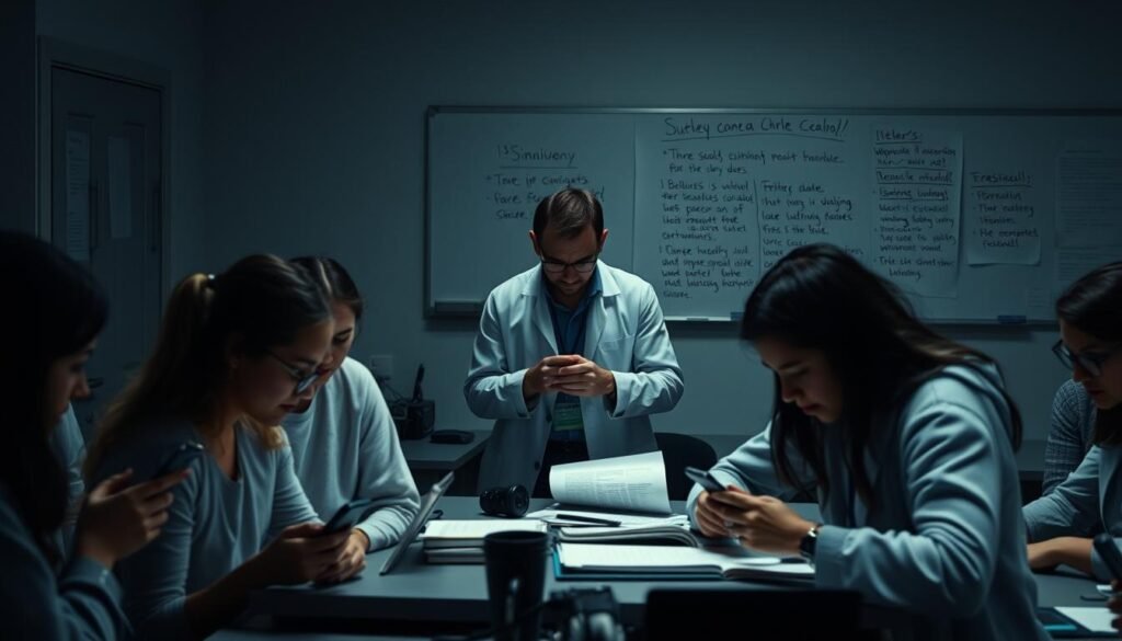A dimly lit laboratory setting, with researchers facing various obstacles in their social science experiments. In the foreground, a group of subjects struggle to complete a survey, distracted by their smartphones and wandering attention. In the middle ground, a researcher frowns in frustration, grappling with faulty equipment and unexpected data anomalies. In the background, a whiteboard displays scribbled notes and half-erased hypotheses, reflecting the iterative nature of the research process. Soft, moody lighting casts shadows across the scene, evoking the challenges and complexities inherent in conducting human-centric studies. A sense of determination and perseverance permeates the atmosphere, as the researchers navigate the unpredictable landscape of social science experimentation.