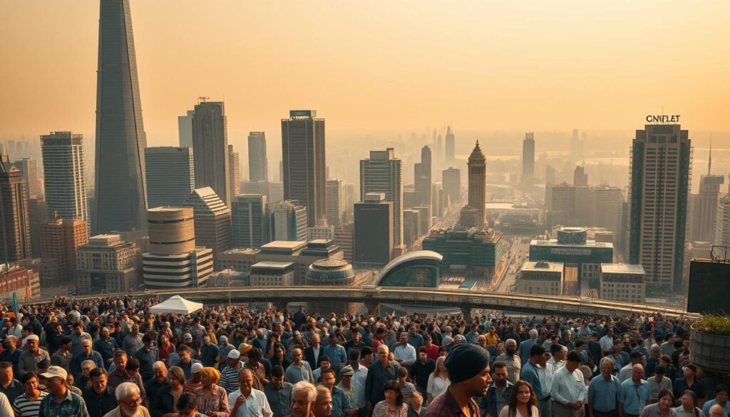 A dynamic cityscape with towering skyscrapers and bustling streets, captured in a panoramic view. In the foreground, a diverse crowd of people representing various demographics - families, professionals, elderly, and youth - symbolizing the growth and diversification of the population. The middle ground features a network of roads, public transportation, and infrastructure, conveying the increased demand and strain on urban resources. The background showcases a hazy, dimly lit horizon, hinting at the environmental impact of rapid urbanization. The scene is bathed in warm, golden tones, creating a sense of optimism and progress, yet tinged with a subtle melancholy, suggesting the complex socioeconomic factors shaping the human footprint.