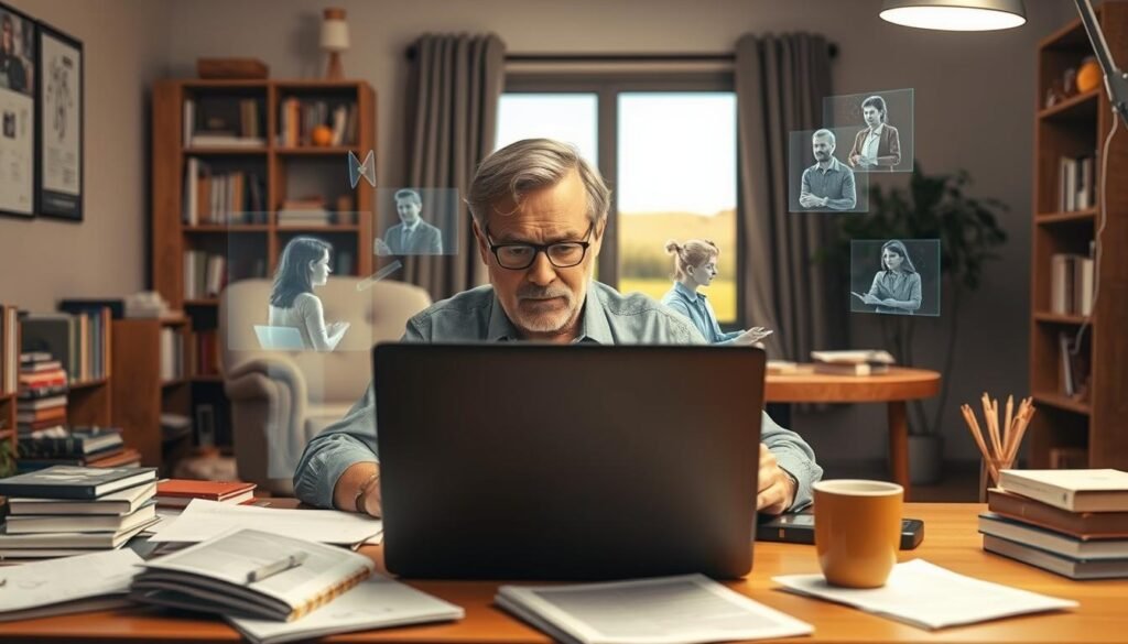 A focused, determined teacher navigates the challenges of online teaching, surrounded by various technological tools and resources. In the foreground, the teacher sits at a desk, laptop open, brows furrowed in concentration. Scattered around are textbooks, papers, and a cup of coffee, reflecting the multitasking and problem-solving required. In the middle ground, virtual students appear as holographic avatars, engaged in interactive lessons. The background depicts a cozy, home-office setting, with shelves of educational materials and a window overlooking a serene, natural landscape, suggesting a sense of balance and calm amidst the digital demands. Warm, ambient lighting and a neutral color palette create an atmosphere of thoughtful, productive focus.