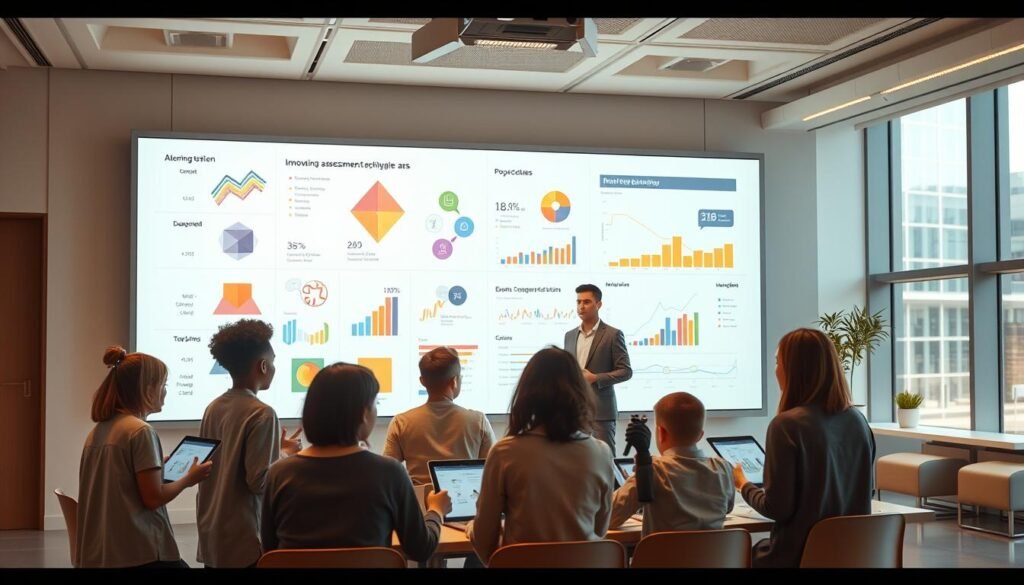 A futuristic classroom setting with a large, interactive whiteboard as the focal point. The board displays various geometric shapes, graphs, and colorful visualizations, representing innovative assessment techniques. In the foreground, a diverse group of students collaborate, using tablets and digital tools to engage with the dynamic content. Warm, diffused lighting illuminates the scene, creating a sense of curiosity and discovery. The middle ground features a teacher, thoughtfully observing and guiding the students' learning process. In the background, the room is adorned with sleek, minimalist furniture and large windows, allowing natural light to enhance the modern, technology-driven atmosphere.