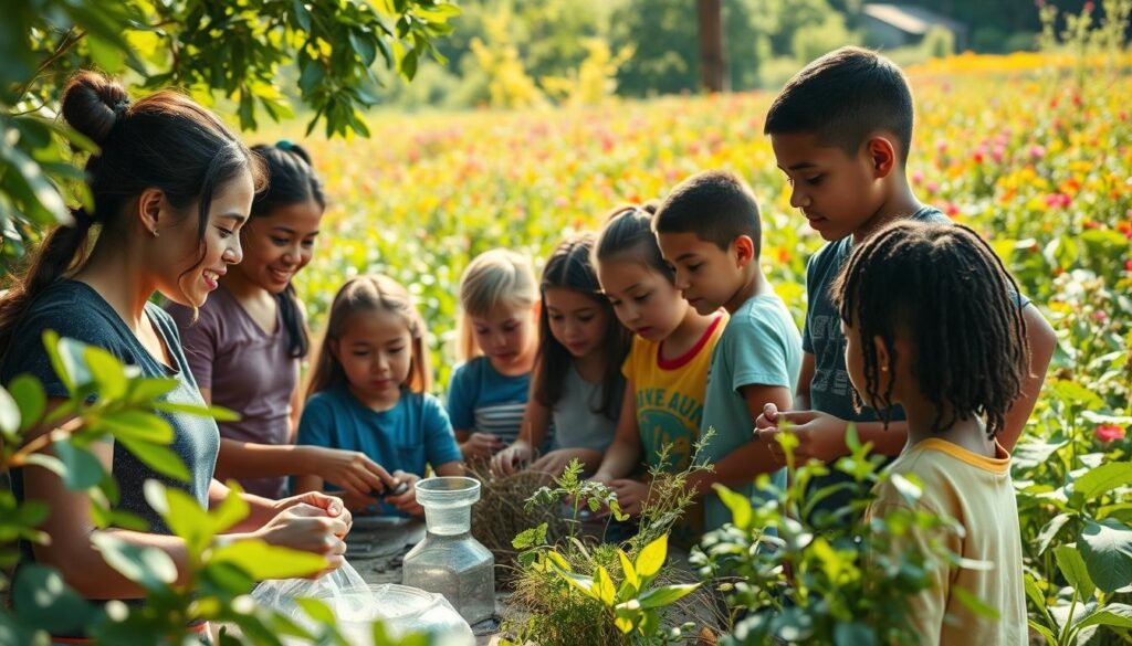 A group of diverse students engrossed in hands-on environmental activities, surrounded by verdant foliage and sunlit outdoor classroom setting. In the foreground, a teacher guides them through experiments with natural materials, fostering curiosity and a deep connection to the ecosystem. In the middle ground, students collaborate on a large-scale eco-project, their expressions radiating excitement and purpose. The background reveals a sprawling, lush garden teeming with vibrant flora and fauna, symbolizing the abundant life nurtured by environmental education. Warm, soft lighting casts a serene glow, evoking a sense of harmony and the transformative power of teaching the next generation to be guardians of our planet.
