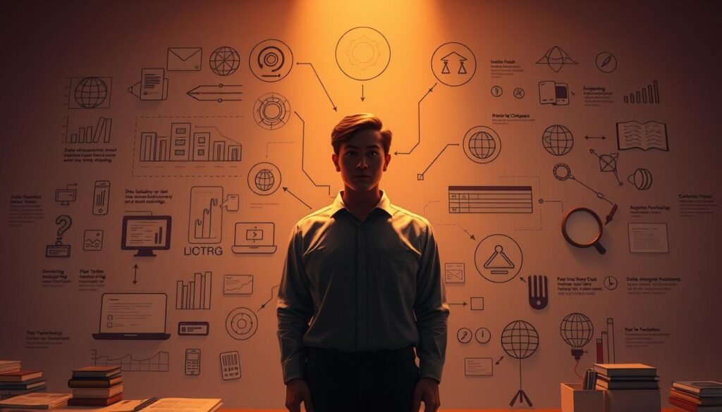 A meticulously detailed academic illustration of research methodology. A central figure representing the research process, surrounded by distinct elements such as data collection tools, analysis techniques, and conceptual frameworks. The scene is illuminated by warm, focused lighting, creating a contemplative atmosphere. The composition is balanced, with each component thoughtfully arranged to convey the interconnected nature of research design. Rendered in a realistic, technical style that evokes the rigor and precision of the subject matter.