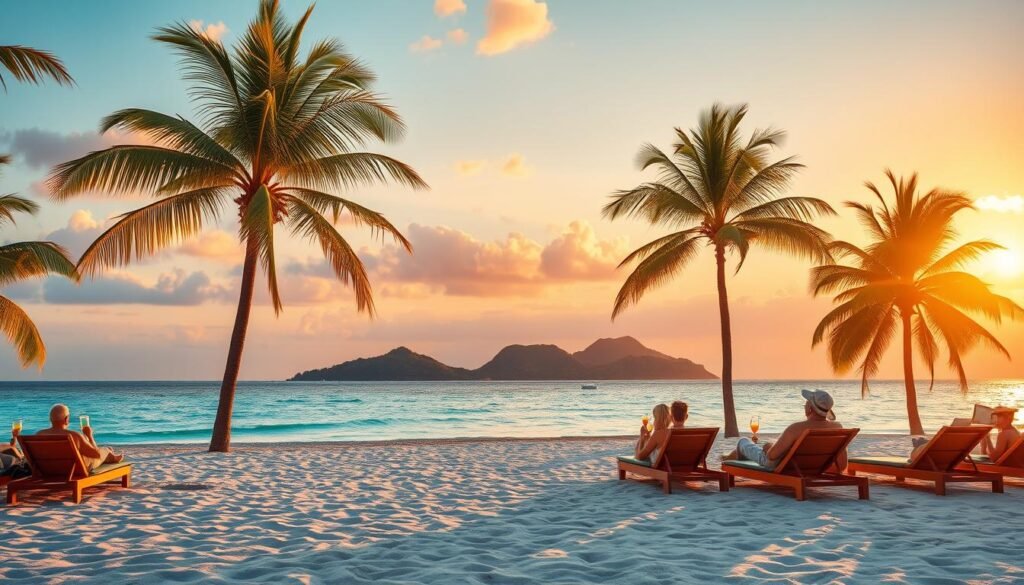 A serene beach with swaying palm trees, the warm sun casting a golden glow over the crystal-clear waters. Travelers lounge on plush beach chairs, sipping fruity cocktails and gazing out at the tranquil horizon. In the distance, a picturesque island paradise beckons, its lush, rolling hills and pristine landscapes inviting further exploration. The scene is framed by a vibrant, colorful sunset, the sky ablaze with hues of orange, pink, and purple. The overall atmosphere is one of pure relaxation and rejuvenation, the perfect antidote to the stress of exams.