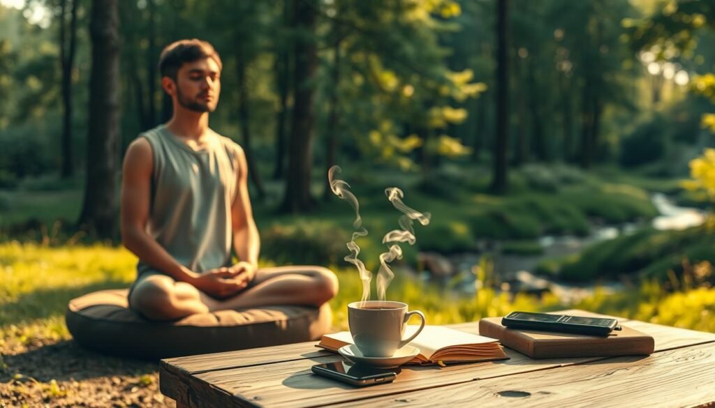 A serene forest clearing illuminated by warm, diffused sunlight. In the foreground, a person sits cross-legged on a plush meditation cushion, eyes closed, hands resting gently on their lap. Soft wisps of incense drift through the air, creating a calming atmosphere. In the middle ground, a wooden table holds a cup of herbal tea, a journal, and a smartphone set aside, signifying a digital detox. The background features a lush, verdant landscape with swaying trees and a winding stream, evoking a sense of tranquility and mindfulness.