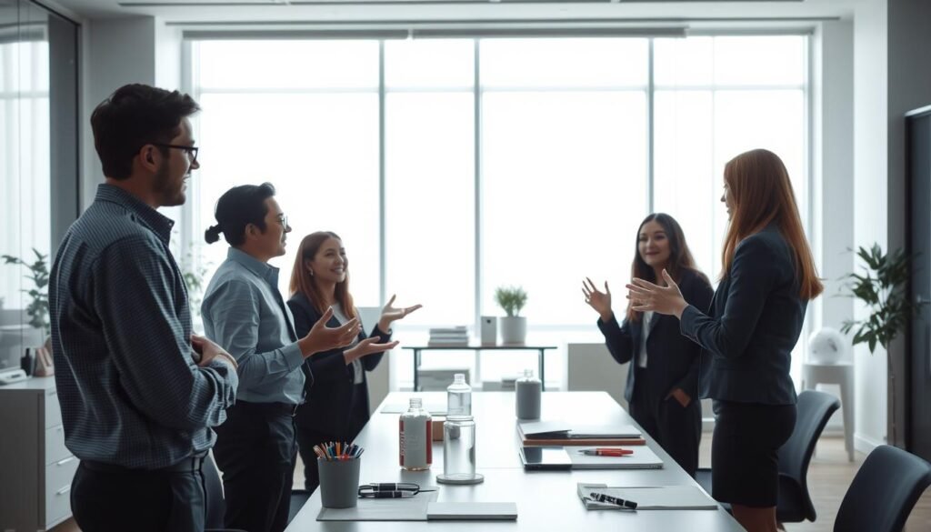 A serene office setting, illuminated by soft, diffused lighting from large windows. In the foreground, a team of professionals engaged in a collaborative discussion, their faces focused and intent. They gesture animatedly, conveying a sense of open communication and mutual understanding. In the middle ground, various office supplies and equipment suggest an environment conducive to productivity and problem-solving. The background features minimalist decor and clean lines, creating a calming, professional atmosphere. The overall scene emphasizes the importance of soft skills, such as teamwork, communication, and critical thinking, in the assessment of student performance.