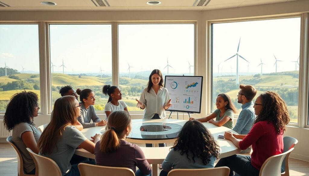 A serene, sunlit classroom with large windows overlooking a lush, verdant landscape. In the foreground, a group of diverse students, their faces animated with engaged expressions, gathers around a circular table, discussing climate change policies and strategies. The middle ground features a teacher, a compassionate guide, gesturing towards informative charts and diagrams projected on a sleek digital board. The background depicts rolling hills, a clear sky, and the silhouettes of wind turbines, symbolizing renewable energy solutions. The overall mood is one of hopeful collaboration, as the scene conveys the importance of climate education in shaping a sustainable future.