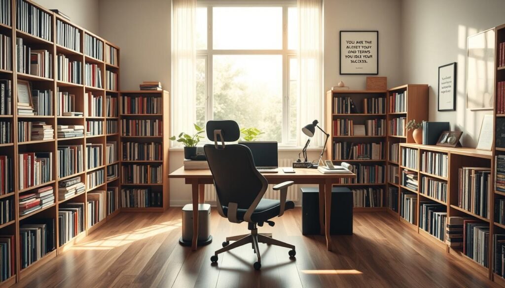 A spacious study room with abundant natural light filtering through large windows. Bookshelves line the walls, filled with tomes on various academic subjects. A sturdy wooden desk takes center stage, its surface covered in neatly organized notes, textbooks, and a laptop. An ergonomic chair invites the viewer to sit and engage in focused study. Inspirational quotes and motivational posters adorn the walls, radiating a sense of determination and perseverance. The overall atmosphere is one of tranquility and productivity, encouraging long-term academic success strategies.