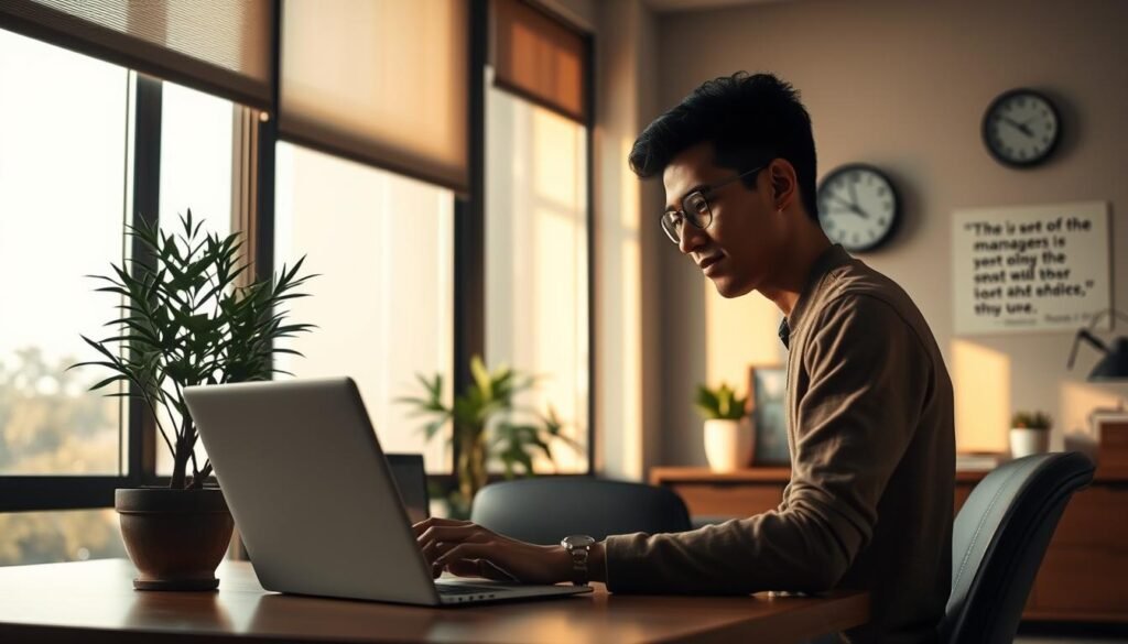 A tranquil office setting, bathed in warm, natural lighting filtering through large windows. In the foreground, a person sitting at a desk, deeply focused on a laptop screen, their expression conveying a sense of determined concentration as they apply time-management techniques to navigate the stress of UGC NET exam preparation. In the middle ground, a potted plant and a small, zen-inspired water fountain offer calming visual cues. The background features minimalist decor, with a wall-mounted clock and a motivational quote providing a subtle reminder to stay grounded amidst the pressure. The overall atmosphere is one of quiet resolve, where practical strategies and a serene environment come together to cultivate resilience.