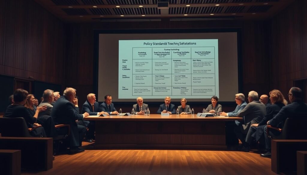 A university auditorium, dimly lit, with a polished wooden stage in the foreground. On the stage, a panel of distinguished professors and policymakers sit around a mahogany conference table, engaged in a lively discussion. Soft shadows cast across their faces, conveying a sense of serious deliberation. In the background, a large projection screen displays a blueprint-style diagram of curriculum standards and teaching methodologies, illuminating the policy recommendations under consideration. Warm, muted tones create an atmosphere of intellectual rigor and thoughtful policymaking.