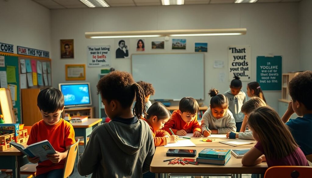 A vibrant and dynamic classroom scene, illuminated by warm, natural lighting. In the foreground, a diverse group of students engaged in various learning activities - one student reading intently, another sketching on a tablet, a third collaborating with peers around a table. The middle ground showcases different learning aids and resources, from a tactile manipulative station to a interactive digital display. In the background, the classroom walls are adorned with thought-provoking artwork and inspirational quotes, creating an inviting and intellectually stimulating atmosphere. The overall composition conveys a harmonious blend of traditional and modern learning methodologies, catering to a wide range of individual learning styles and preferences.