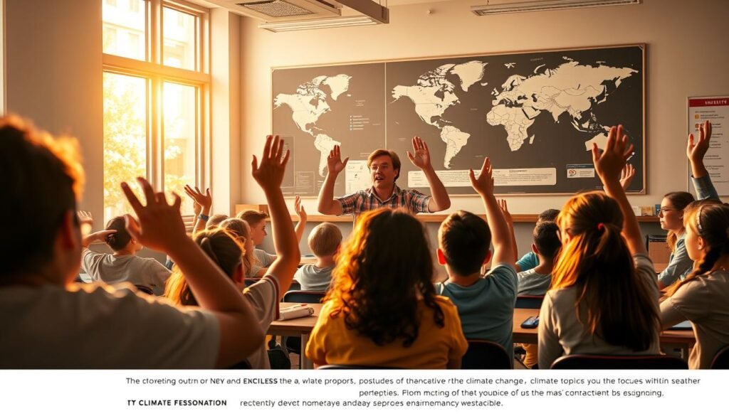 A vibrant classroom scene, illuminated by warm, natural lighting pouring through large windows. In the foreground, a diverse group of students, engaged in lively discussions, hands raised enthusiastically as they explore climate change topics on interactive displays. The middle ground features an energetic educator, guiding the lesson with animated gestures, charts, and models that bring the complex issues to life. In the background, a large wall-mounted world map serves as a visual reminder of the global reach of climate change, inspiring a sense of shared responsibility. The overall atmosphere is one of collaborative learning, intellectual curiosity, and a deep commitment to environmental stewardship.
