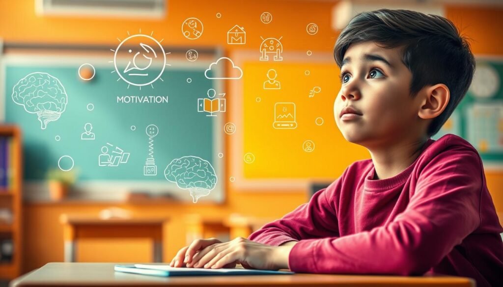 A vibrant, thought-provoking illustration showcasing the key concepts of educational psychology in student engagement. In the foreground, an engaged student sits at a desk, their eyes alight with curiosity and a sense of wonder. Their body language exudes a focused, yet relaxed demeanor, reflecting the optimal state of engagement. In the middle ground, abstract visual representations of psychological concepts such as intrinsic motivation, self-regulation, and social learning float around the student, interacting with them in a seamless and harmonious manner. The background features a softly blurred, warm-toned classroom setting, creating a sense of context and setting. The overall mood is one of intellectual stimulation, creativity, and the joy of learning, capturing the essence of the "Psychology of Student Engagement" section.