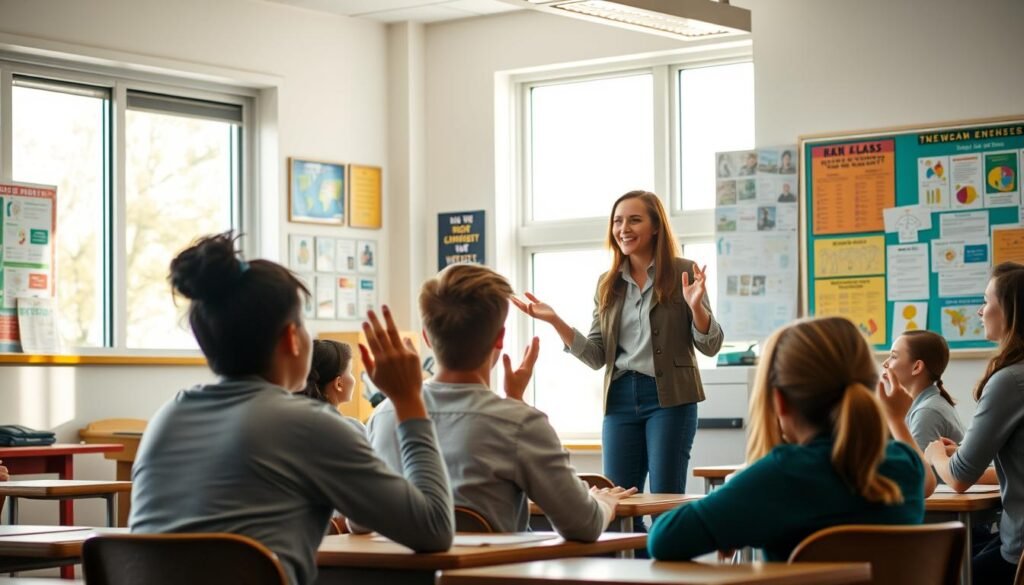 A well-lit classroom setting, students and teacher engaged in dynamic conversation. The teacher, standing at the front, gestures expressively as they speak, establishing eye contact and a warm, approachable demeanor. Students sit attentively, faces animated, some raising hands to contribute. Posters and educational materials adorn the walls, creating a vibrant, stimulating environment. Natural light filters in through large windows, casting a soft, inviting glow. The overall atmosphere radiates a sense of collaboration, open communication, and mutual respect, fostering a conducive space for learning and growth.