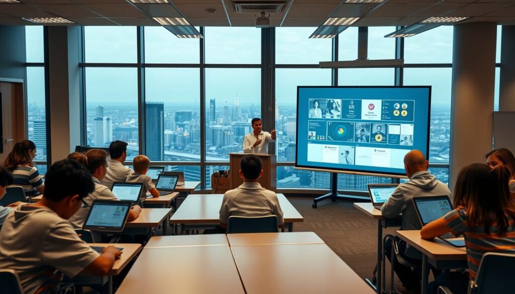 A well-lit classroom setting with a modern, open-concept design. In the foreground, a group of students seated at desks, engaged in collaborative work on their laptops and tablets. The middle ground features a teacher standing at a podium, gesturing towards a large interactive whiteboard displaying digital learning materials. The background showcases a panoramic view of the cityscape through large windows, conveying a sense of connection between the educational environment and the outside world. The lighting is warm and inviting, creating a conducive atmosphere for blended learning. The overall scene captures the fundamentals of a dynamic, technology-enhanced educational context.