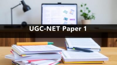 A well-lit, high-quality image of a stack of UGC-NET Paper 1 study materials. In the foreground, a pile of books and handwritten notes in various colors, with a ruler, highlighter, and pen visible. In the middle ground, a laptop or tablet displaying relevant study materials. The background is a clean, minimalist workspace with a wooden desk and a plant or two, suggesting a focused and organized study environment. The lighting is soft and natural, creating a warm, inviting atmosphere conducive to academic endeavors.