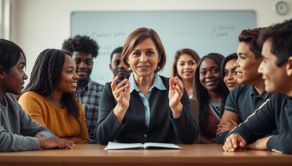 A classroom with a teacher at the center, guiding a group of diverse students. The teacher's face is warm and engaging, hands gesturing as they share important lessons. Surrounding the teacher, students listen intently, their expressions reflecting thoughtfulness and openness. The classroom is well-lit, creating a sense of clarity and focus. The overall mood is one of collaborative learning and the transmission of essential values. The composition draws the viewer's eye to the teacher, emphasizing their pivotal role in value education.
