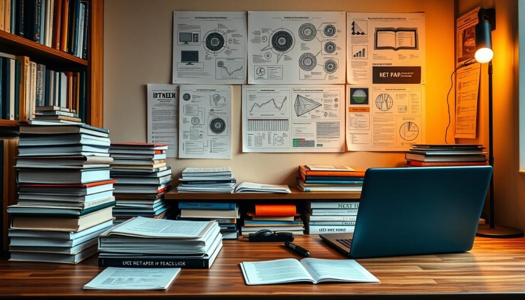 A cozy study nook filled with a stack of textbooks, reference materials, and a laptop on a sturdy wooden desk. The room is bathed in warm, soft lighting, creating a serene and focused atmosphere. Intricate diagrams, charts, and infographics illustrating key ICT concepts are pinned to the wall, providing a visual aid for effective studying and exam preparation. The scene exudes a sense of intellectual engagement and diligent preparation for the UGC NET Paper 1 ICT section.