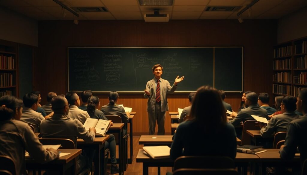 A dimly lit classroom with desks and chairs, a chalkboard prominently displayed. In the foreground, a group of students intently studying, poring over textbooks and taking notes. In the middle, a professor stands, hand outstretched, engaging the class in a Socratic dialogue on critical thinking skills. The background is hazy, with bookshelves lining the walls, creating an atmosphere of academic rigor and intellectual pursuit. The lighting is warm and inviting, casting a contemplative glow over the scene, emphasizing the importance of the topic at hand - developing the reasoning abilities essential for the UGC NET exam.