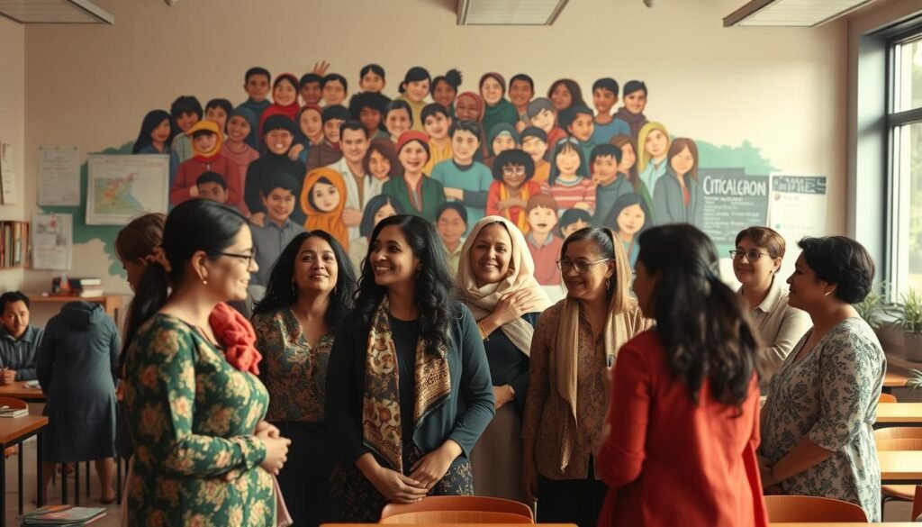 A diverse classroom filled with educators of different cultural backgrounds, standing together in a well-lit, warm-toned setting. In the foreground, a group of teachers are engaged in a lively discussion, their body language and facial expressions conveying a sense of understanding and mutual respect. In the middle ground, a collection of cultural artifacts and educational resources symbolize the richness of diverse perspectives. The background features a mural depicting students of various ethnicities, reflecting the inclusive and equitable nature of the learning environment. The overall scene emanates a sense of harmony, collaboration, and a deep appreciation for the value of cultural competence in modern classrooms.