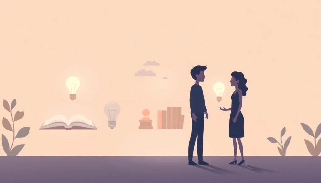 A minimalist illustration depicting the impact of communication styles on learning. In the foreground, three stylized human figures engaged in dialogue, each with distinct body language and facial expressions, symbolizing different communication approaches. The middle ground features visual metaphors for learning, such as open books and illuminated light bulbs, subtly suggesting how contrasting communication styles can influence the learning process. The background is a muted, introspective palette, emphasizing the contemplative nature of the scene. Soft, diffused lighting creates a serene, introspective atmosphere, inviting the viewer to ponder the nuances of communication and its role in fostering effective learning.
