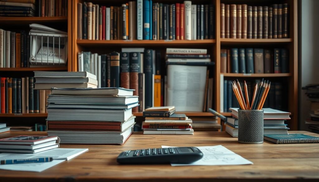 A neatly organized workspace with an array of mathematical resources. In the foreground, a sturdy wooden desk holds a stack of textbooks, a calculator, and a cup of sharpened pencils. Behind it, a bookshelf displays a collection of journals, reference guides, and treatises on mathematical reasoning. The lighting is warm and focused, casting a soft glow over the scene. The overall atmosphere is one of scholarly concentration and intellectual pursuit, conveying the serious yet engaging nature of the subject matter.