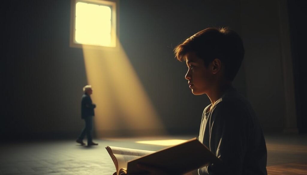 A vast, dimly lit room, illuminated by a single beam of light streaming through a window. In the foreground, a young person sits, fully immersed in a textbook, their gaze fixed on the present. In the background, an older individual stands, their eyes gazing beyond the horizon, contemplating the future. The contrast in their body language and facial expressions conveys the differences in time perspective - the adolescent learner's focus on immediate application, and the adult learner's future-oriented approach. The scene is bathed in a warm, golden hue, evoking a sense of introspection and personal growth. The camera angle is slightly elevated, creating a sense of depth and emphasizing the divide between the two figures.