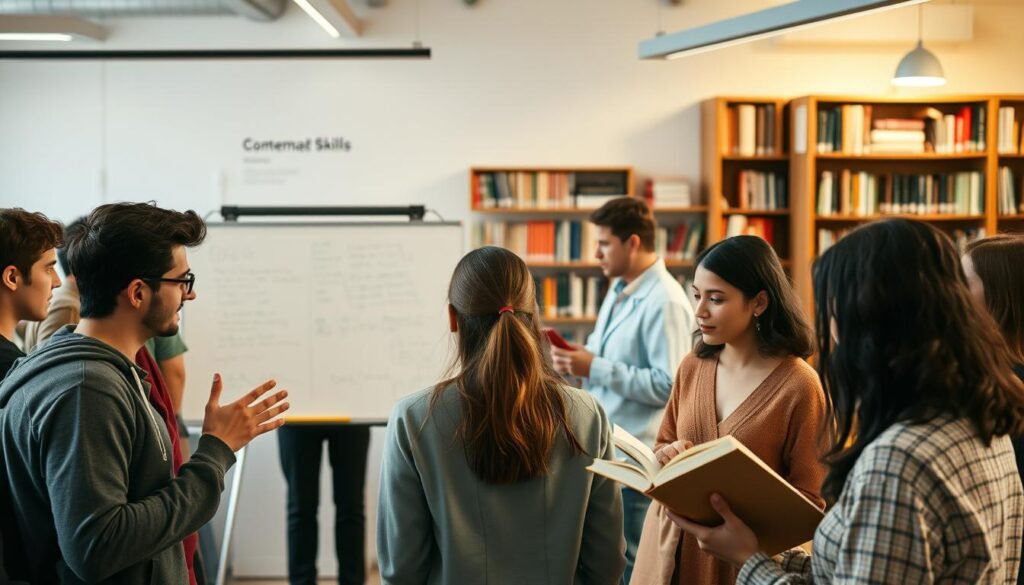A vibrant and diverse scene showcasing communication skills across various academic disciplines. In the foreground, a group of students engaged in lively discussions, gesturing animatedly and exchanging ideas. The middle ground features professors and researchers collaborating at a whiteboard, their expressions intent as they sketch diagrams and formulas. In the background, a library setting with shelves of books and a cozy reading nook, where a lone scholar pores over manuscripts, lost in thought. The lighting is warm and natural, conveying a sense of intellectual curiosity and collaboration. The composition is balanced, with a sense of depth and movement, capturing the multifaceted nature of communication in the pursuit of knowledge.