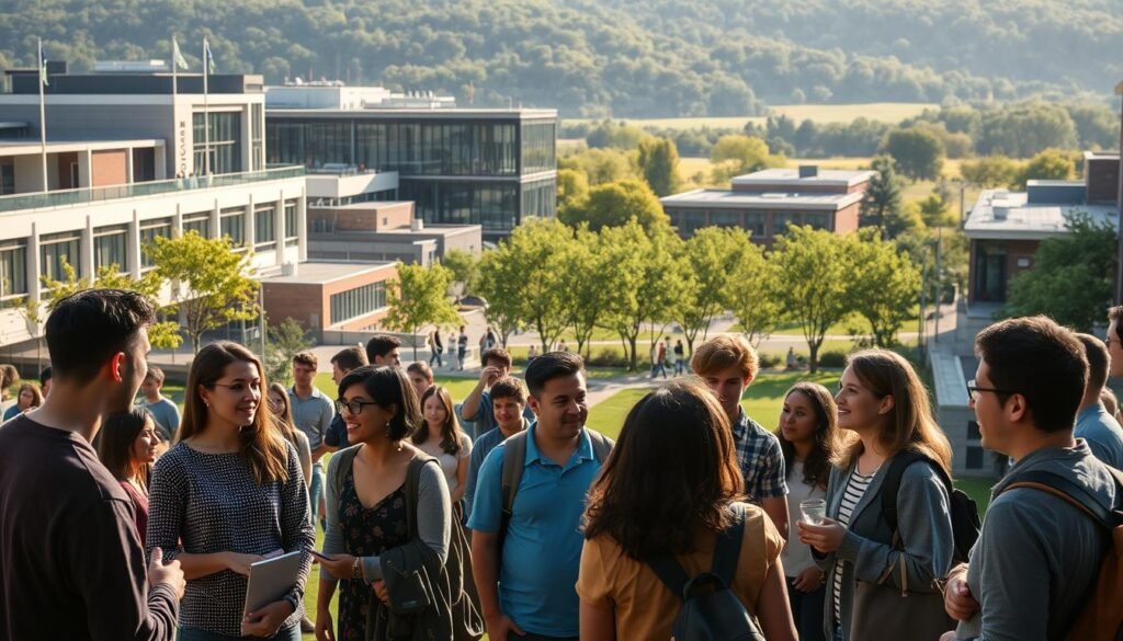A vibrant campus scene showcasing inclusivity in higher education. In the foreground, students of diverse backgrounds engage in lively discussion under the warm glow of natural lighting. The middle ground features an array of modern architecture housing classrooms, labs, and communal spaces that foster collaboration. In the background, a verdant landscape with trees and greenery creates a serene, welcoming atmosphere. The overall mood is one of intellectual vibrancy, openness, and a sense of community, reflecting the inclusive values at the heart of this higher education institution.