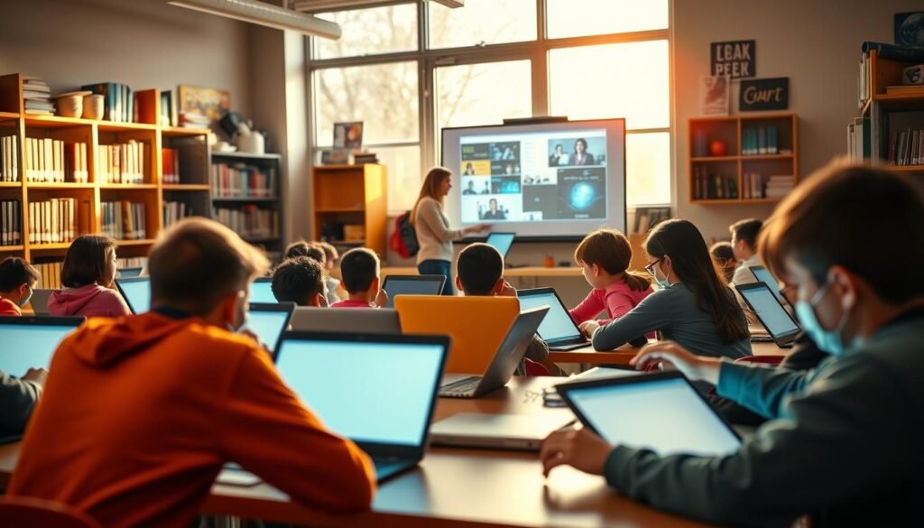 A vibrant classroom scene showcasing the integration of ICT in education. In the foreground, students collaboratively working on laptops and tablets, their faces lit by the glow of digital screens. In the middle ground, a teacher guiding the class, utilizing a interactive whiteboard to display multimedia content. The background depicts an well-equipped, modern learning environment with shelves of educational resources and cutting-edge technology. Warm, natural lighting filters through large windows, creating a sense of openness and inspiration. The overall atmosphere is one of engaged, technology-enhanced learning.