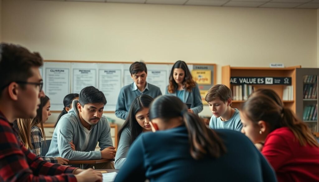 A well-lit classroom setting with students and a teacher engaged in a value education assessment activity. The foreground features a group of students working together on a project, their faces focused and attentive. In the middle ground, a teacher circulates, observing and providing guidance. The background showcases educational resources and materials related to values and ethics. The overall scene conveys a sense of thoughtful engagement, with a warm, natural lighting that emphasizes the importance of the assessment process.