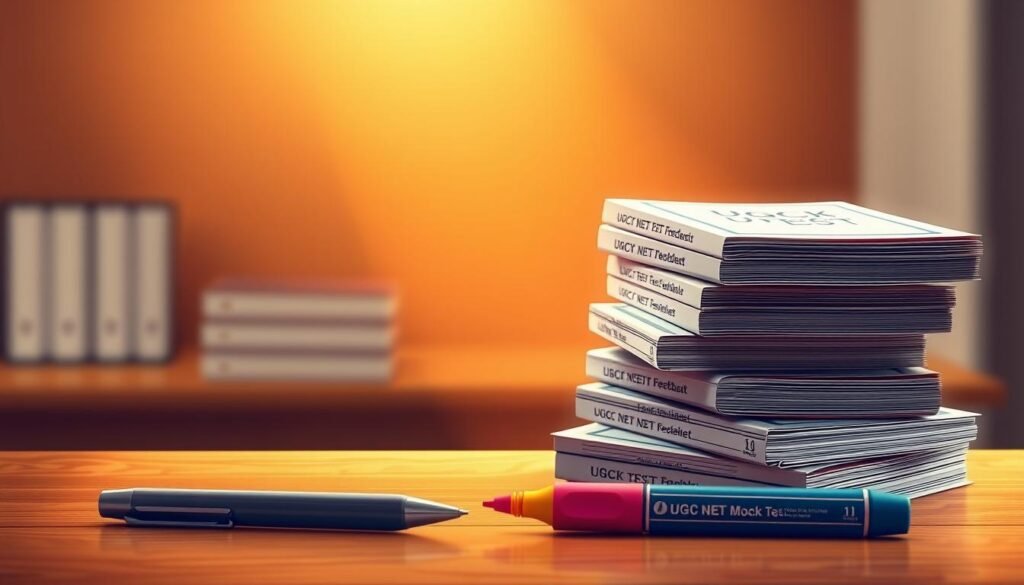 A well-lit, high-resolution illustration showcasing a stack of UGC NET mock test booklets on a wooden desk. The booklets have a professional, academic appearance with clean, minimalist cover designs. In the foreground, a pen and a set of highlighters are arranged neatly, suggesting the process of studying and reviewing the mock test materials. The background features a soft, blurred gradient in warm, earthy tones, creating a contemplative and focused atmosphere. The overall composition evokes a sense of diligent preparation and assessment, aligning with the "Assessment Preferences and Feedback Reception" section of the article.