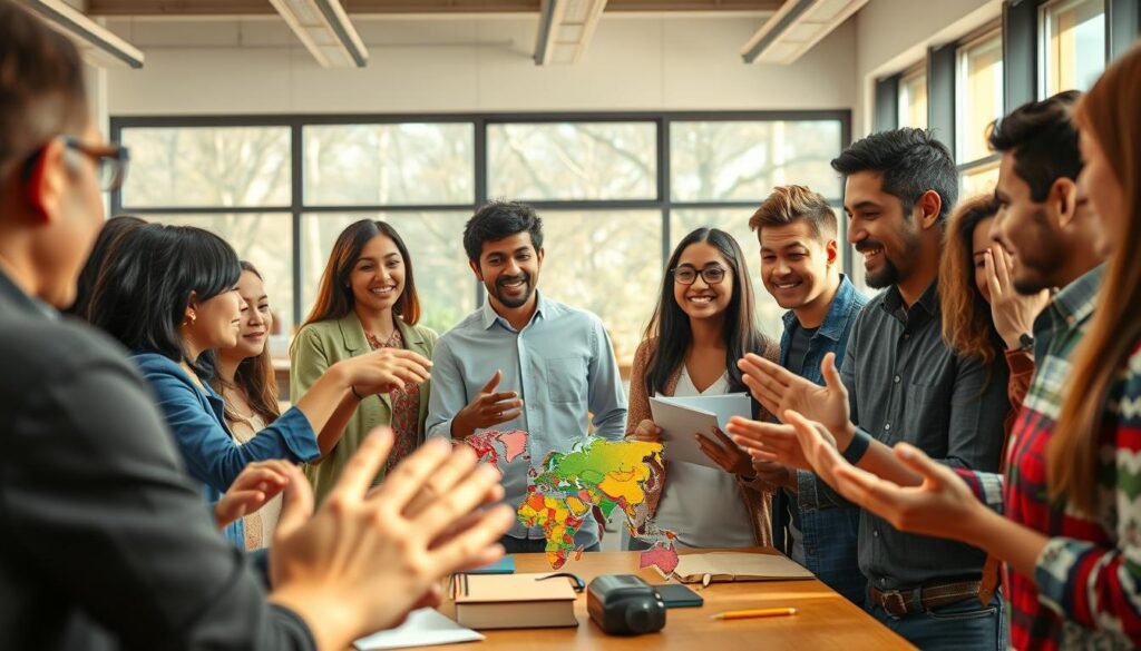 An ethnically diverse group of students and teachers engaged in dynamic inter-cultural exchange, set against a backdrop of a vibrant, modern classroom. The foreground features gesturing hands, expressive faces, and an atmosphere of lively discussion. The middle ground showcases a mosaic of cultural artifacts, textbooks, and technology, symbolizing the fusion of global perspectives. In the background, large windows fill the space with warm, natural light, creating an inviting, collaborative environment. The overall scene conveys a sense of openness, mutual understanding, and the transformative power of cross-cultural dialogue in an educational setting.
